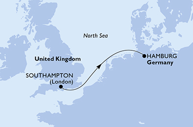 Route map for Northern Europe from Southampton, 2 nights from Southampton