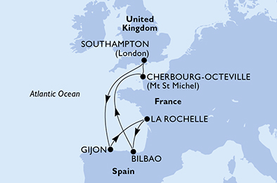Route map for Northern Europe from Southampton, 7 nights from Southampton