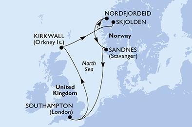 Route map for Norwegian Fjords from Southampton, 7 nights from Southampton