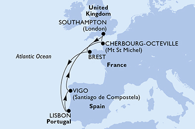 Route map for France & Spain from Southampton, 7 nights from Southampton