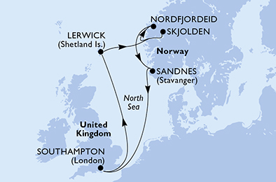 Route map for Norwegian Fjords from Southampton, 7 nights from Southampton
