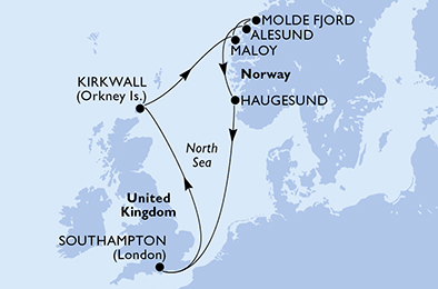 Route map for Norwegian Fjords from Southampton, 8 nights from Southampton