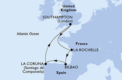 Route map for France & Spain from Southampton, 6 nights from Southampton