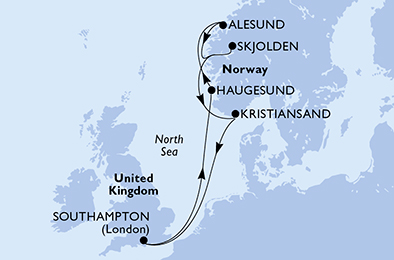 Route map for Norwegian Fjords from Southampton, 7 nights from Southampton