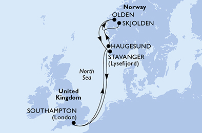 Route map for Norwegian Fjords from Southampton, 7 nights from Southampton