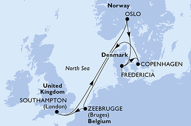 Route map for Northern Europe from Southampton, 7 nights from Southampton