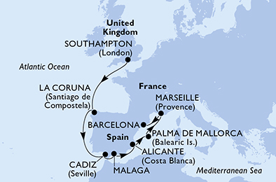 Route map for Northern Europe from Southampton, 9 nights from Southampton