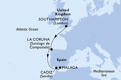 Route map for Grand Voyage from Southampton, 5 nights from Southampton