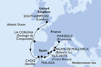 Route map for Northern Europe from Southampton, 8 nights from Southampton
