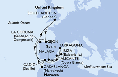 Route map for Northern Europe from Southampton, 14 nights from Southampton