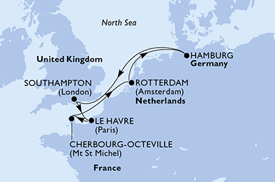 Route map for Northern Europe from Southampton, 7 nights from Southampton