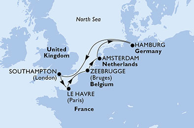 Route map for Northern Europe from Southampton, 7 nights from Southampton