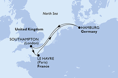 Route map for Northern Europe from Southampton, 5 nights from Southampton