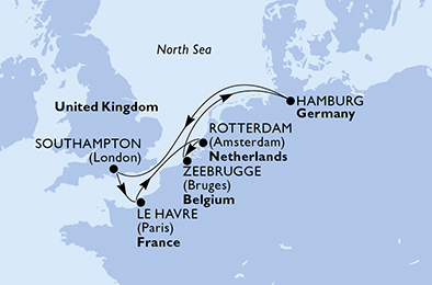 Route map for Northern Europe from Southampton, 7 nights from Southampton