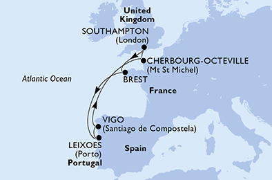Route map for Northern Europe from Southampton, 7 nights from Southampton