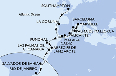 Route map for Grand Voyage from Southampton to Santos, 24 nights from Southampton
