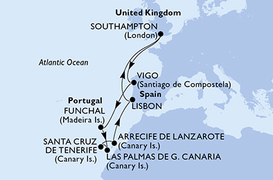 Route map for Canary Islands from Southampton, 12 nights from Southampton