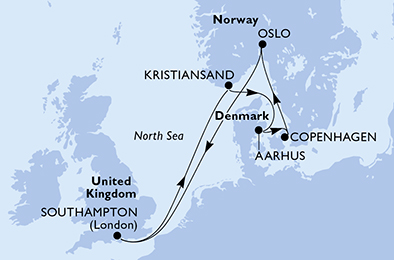 Route map for Norwegian Fjords from Southampton, 7 nights from Southampton