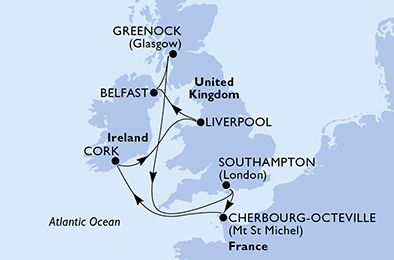 Route map for France & Spain from Southampton, 7 nights from Southampton