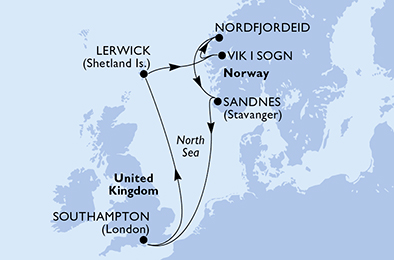 Route map for Norwegian Fjords from Southampton, 7 nights from Southampton