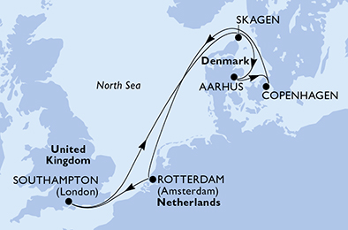 Route map for Northern Europe from Southampton, 7 nights from Southampton