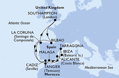 Route map for West Mediterranean from Southampton, 14 nights from Southampton