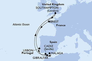 Route map for West Mediterranean from Southampton, 9 nights from Southampton