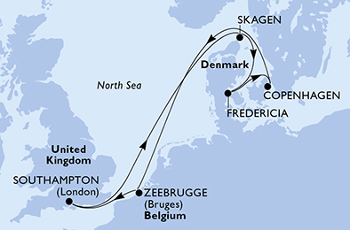 Route map for Northern Europe from Southampton, 7 nights from Southampton