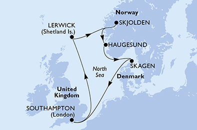 Route map for Norwegian Fjords from Southampton, 7 nights from Southampton