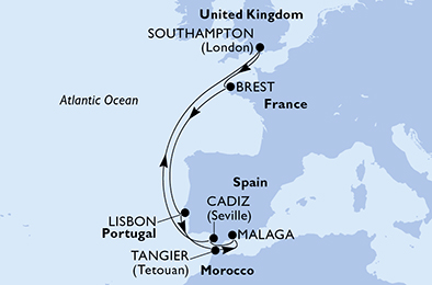 Route map for West Mediterranean from Southampton, 9 nights from Southampton
