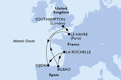 Route map for France & Spain from Southampton, 7 nights from Southampton