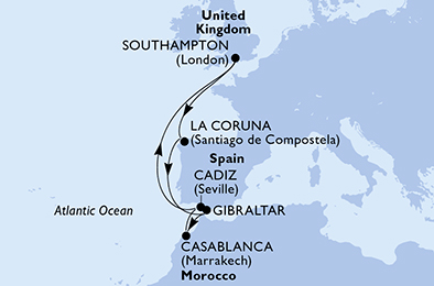 Route map for West Mediterranean from Southampton, 9 nights from Southampton